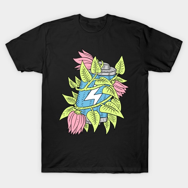 overgrown with flowers, electric battery. T-Shirt by JJadx